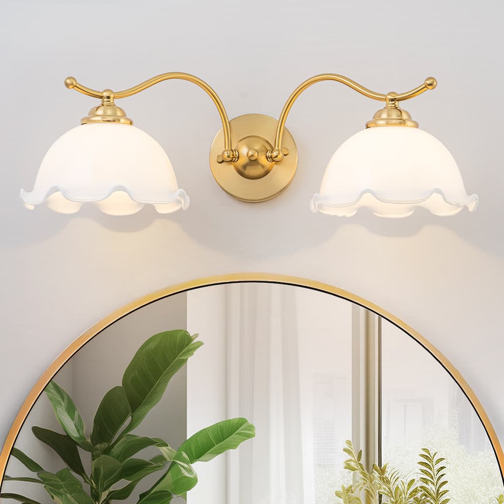 2-Light Gold Metal Wall Sconce with Flower Milky White Glass Shades