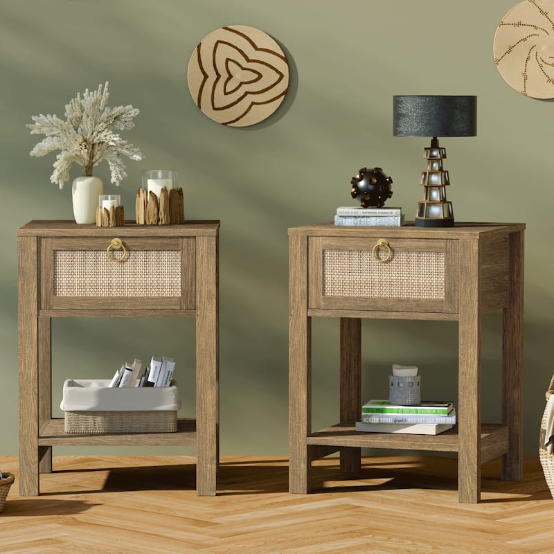 SICOTAS Farmhouse 1-Drawer Rattan Nightstand Set of 2