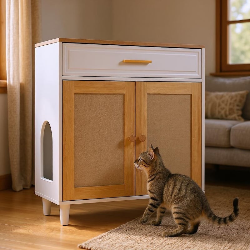 3-in-1 Modern Cat Furniture: Litter Box Enclosure with Scratcher, Cat House & Stylish Side Table with Storage‌ - Beige+White
