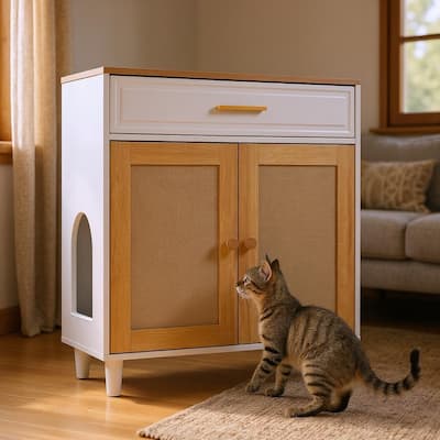 3-in-1 Modern Cat Furniture: Litter Box Enclosure with Scratcher, Cat House & Stylish Side Table with Storage‌
