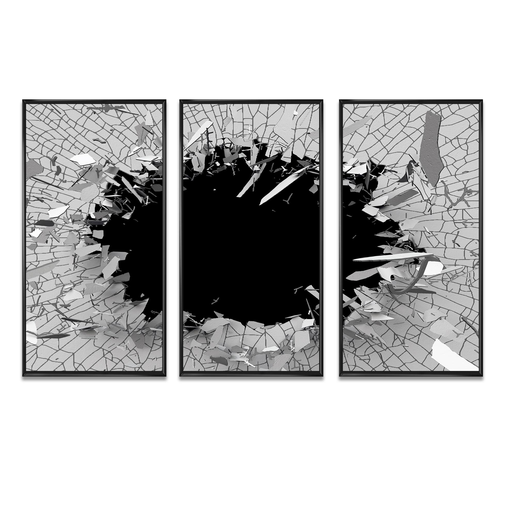 Designart "Abstract Broken Wall 3D Design" Abstract Framed Art Set of 3