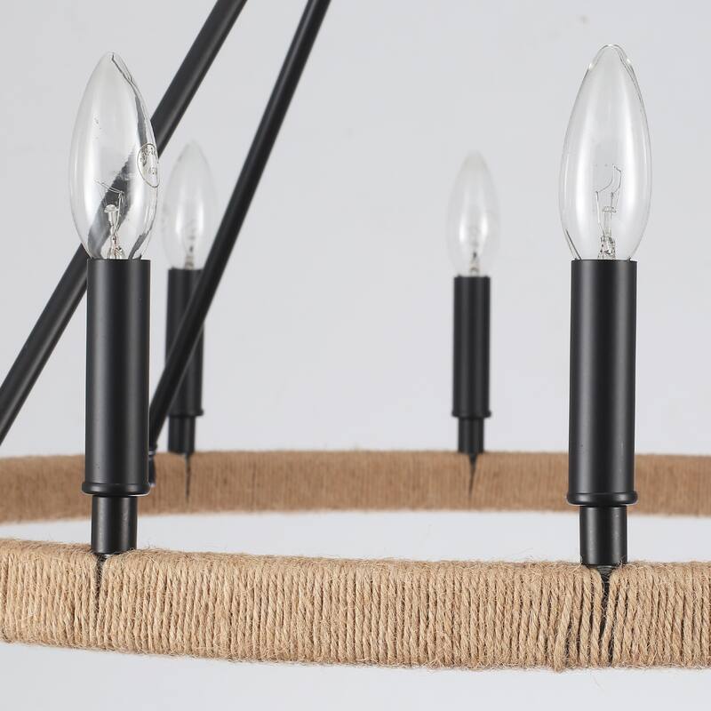 12-Light W26.77" x H78.74" Hemp Rope Wagon Wheel Chandelier for Living Room