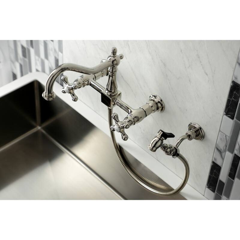 Heritage Two-Handle Wall Mount Bridge Kitchen Faucet with Brass Sprayer