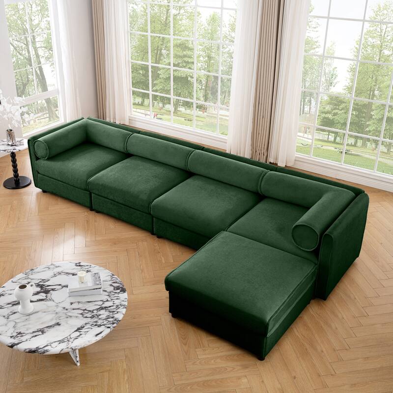 Modern Chenille 6-Seater Sofa with Ottoman Storage, Hidden Storage, Cylindrical Cushioned Arms and Backrest