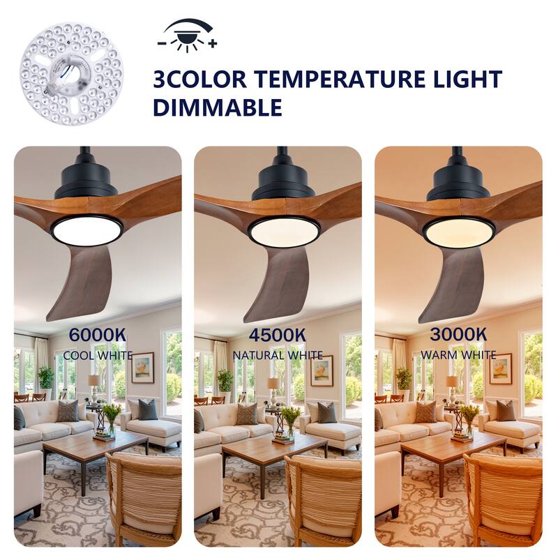 52" Wood Ceiling Fan w/ 3 Solid Wood Blades Remote Control Reversible DC Motor