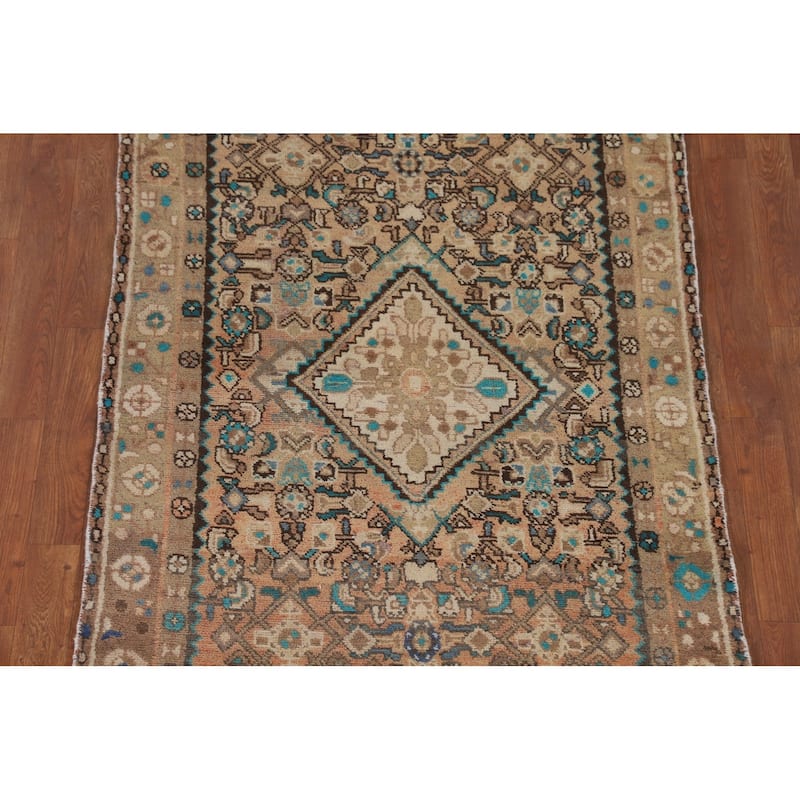 Geometric Hamedan Persian Vintage Runner Rug Handmade Wool Carpet - 3'5" x 9'5"