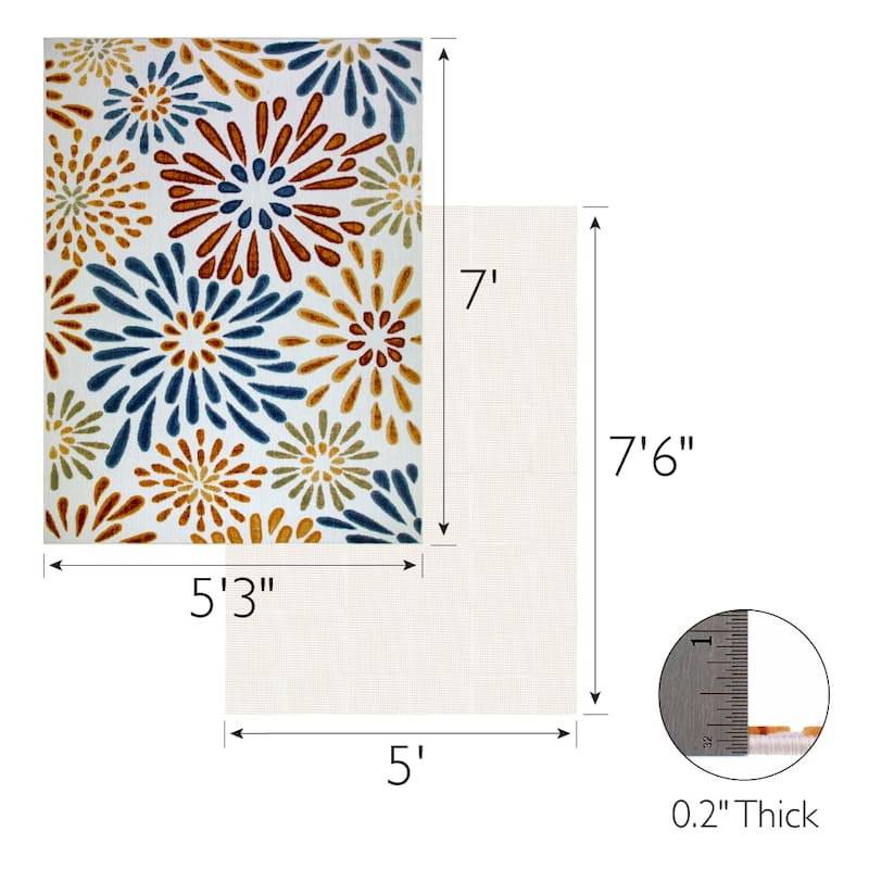Leick Home Beam Flower Indoor Outdoor Area Rug Rectangle 5'X8' With Non-Slip Rug Pad - 5' x 8'