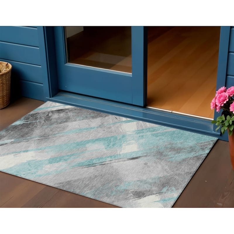 HomeRoots Striped Transitional Rectangle Outdoor Rug - Blue/Ivory - 3' x 5'