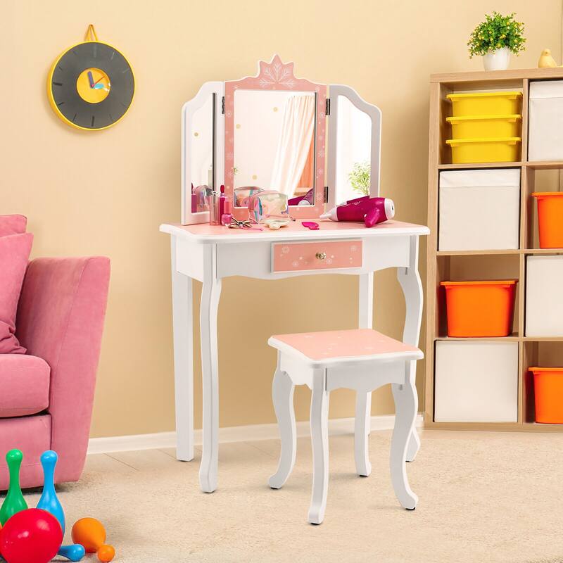 Gymax Kid Vanity Set Wooden Makeup Table Stool Tri-Folding Mirror