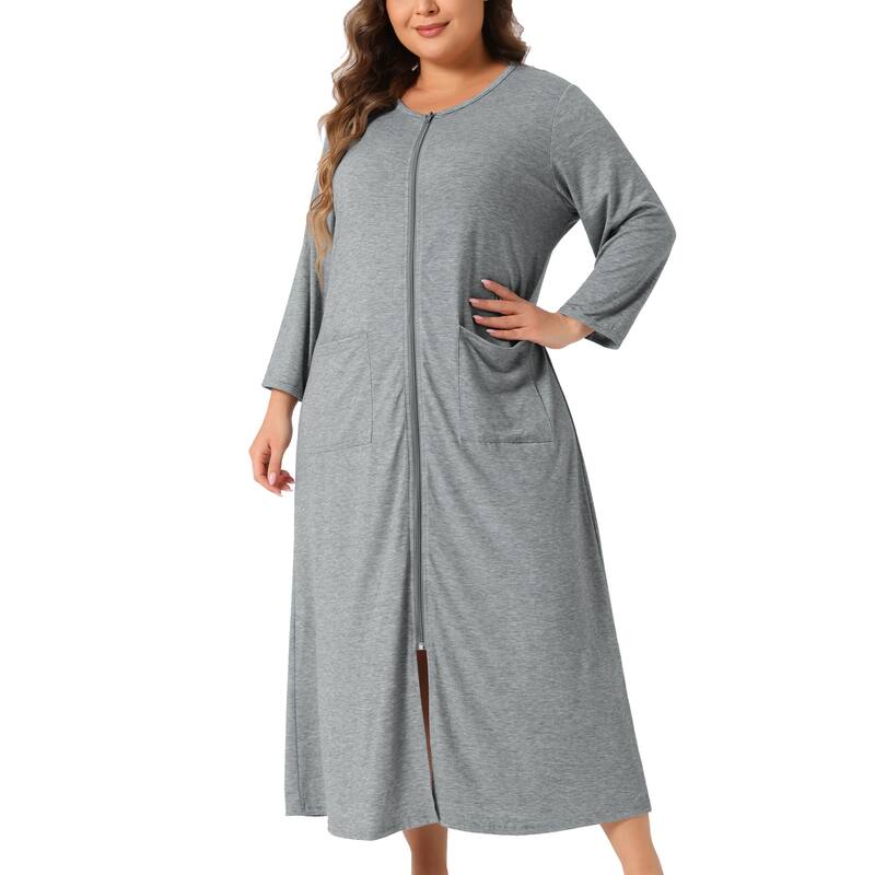 Plus Size Bathrobe for Women Zipper Front House Coat Robe with Pockets - Gray - 2X