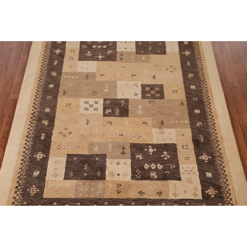 Geometric Gabbeh Indian Area Rug Brown Tribal Handmade Wool Carpet - 5'3" x 7'7"