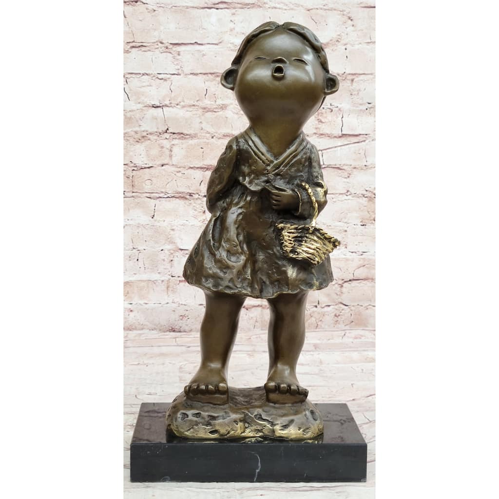 Signed Original Artwork By Milo Chinese Girl Holding Basket Bronze Sculpture