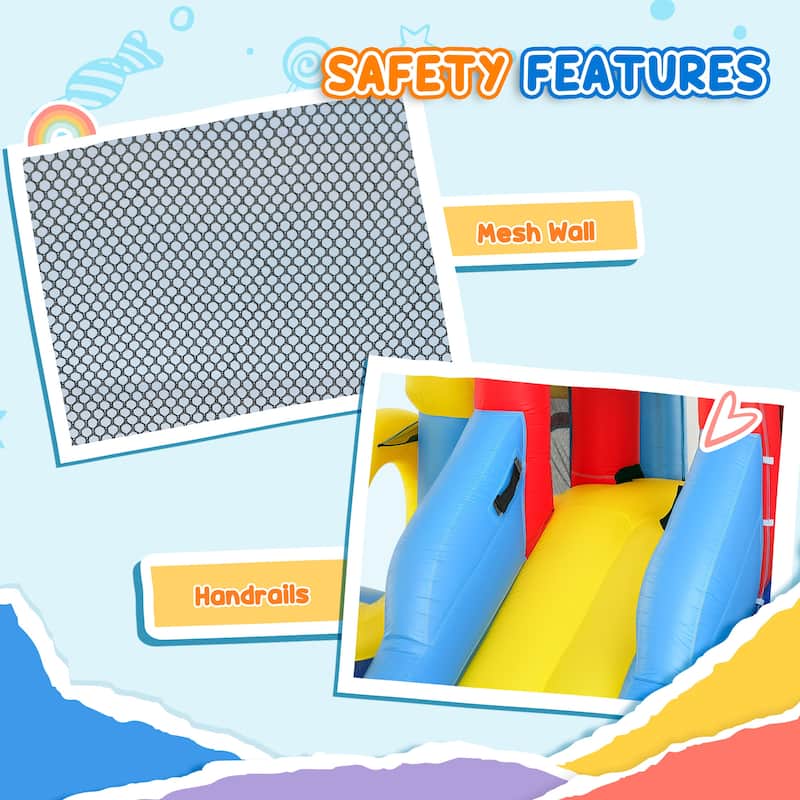 6 in 1 Inflatable Water Park with Splash Pool Slides Trampoline Climbing Wall Basketball Hoop Durable Oxford Fabric Backyard Fun