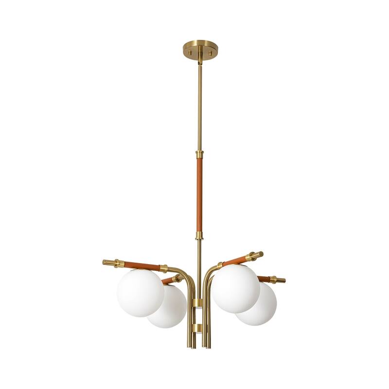 4-Light Mid-Century Modern Gold Linear Sputnik Chandelier with Opal Glass Globe Shades for Living Room, Dining Room, Bedroom