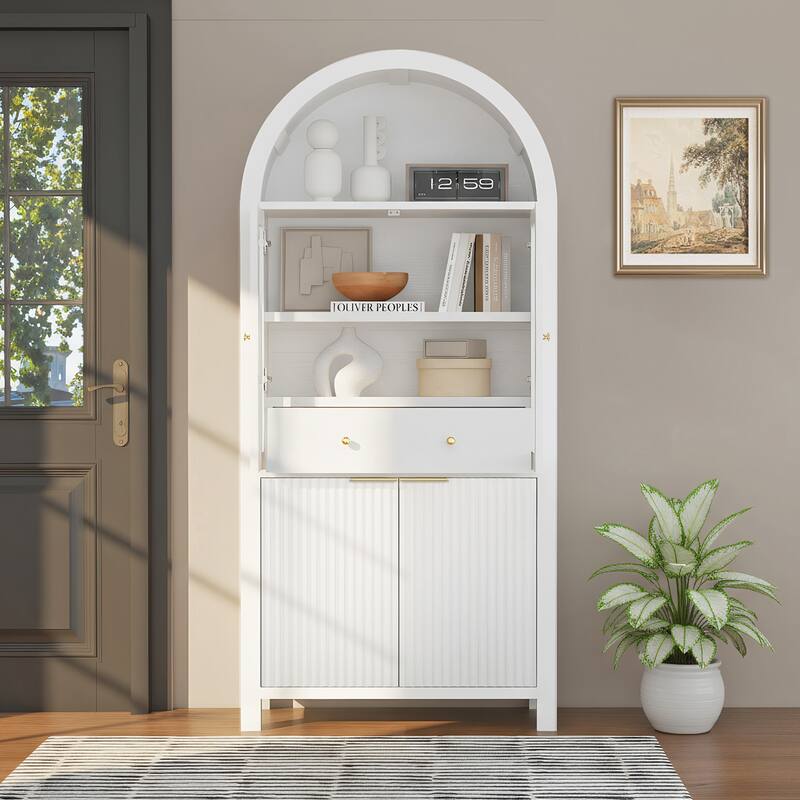 71" Fluted Tall Arched Bathroom storage Cabinet with Adjustable Shelves,Display Storage with Hidden Drawer & Glass Door