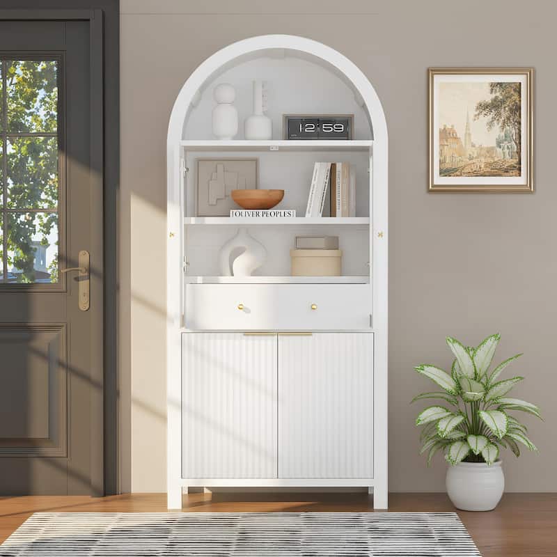 71" Fluted Tall Pantry Cabinet with Arched Glass Door, Hidden Drawer, Wood Display Storage Cabinet with Adjustable Shelves