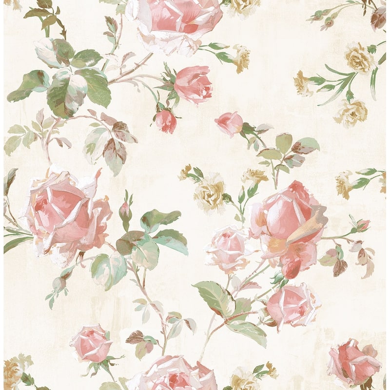 Seabrook Designs Vesper Floral Trail Unpasted Wallpaper - 20.5 in W x 33 ft. L - Buttercream & Pink Peach