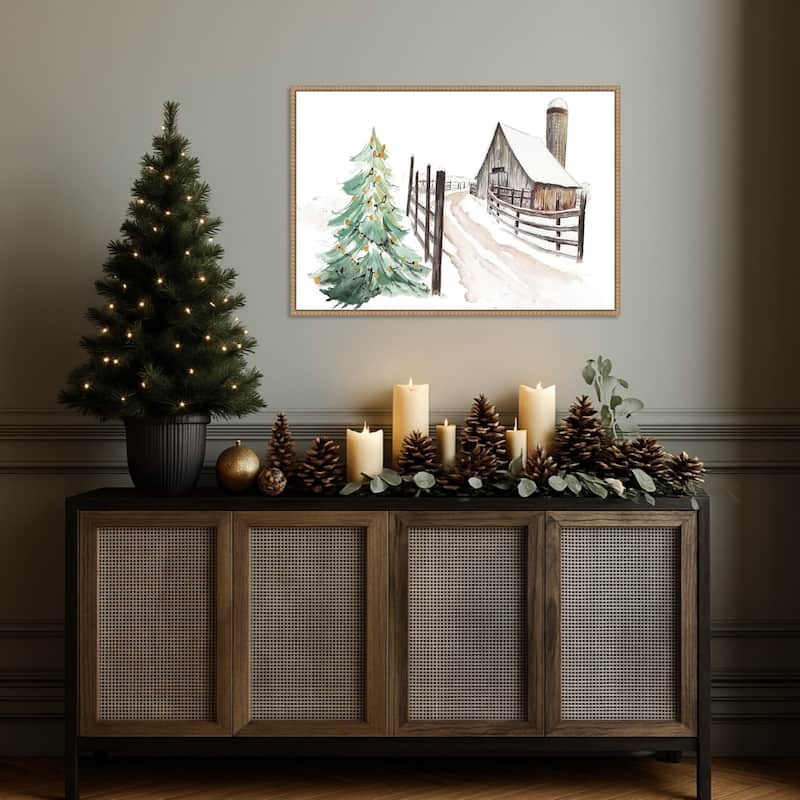 Snowy Vermont Farm by Patricia Pinto (33 x 23 in.), Framed Canvas Wall Art Print - Sylvie Beaded Rustic Natural
