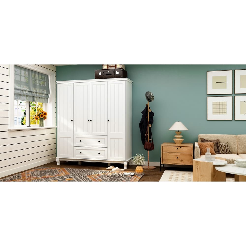 Home Traditional 2 Drawer Freestanding Wood Armoire in White Lacquer - 63"Wx71.3"