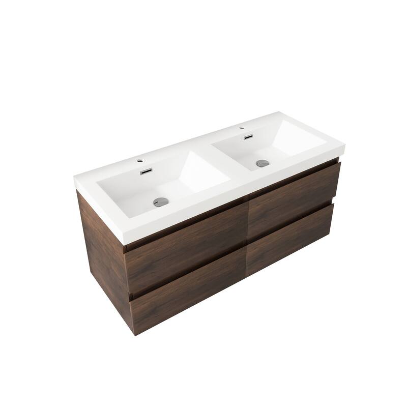 MDF Wall-Mounted Bathroom Vanity Set in Rose Wood with Integrated Culture Marble Sink
