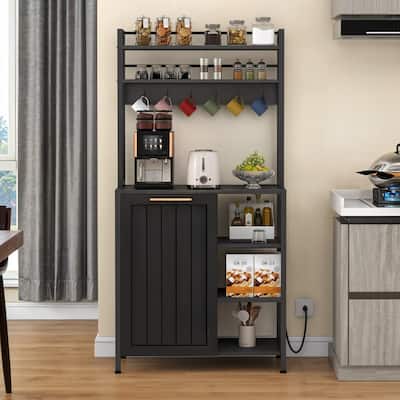 Bakers Rack Microwave Stand with Trash Can Bin Cabinet and Power Outlet