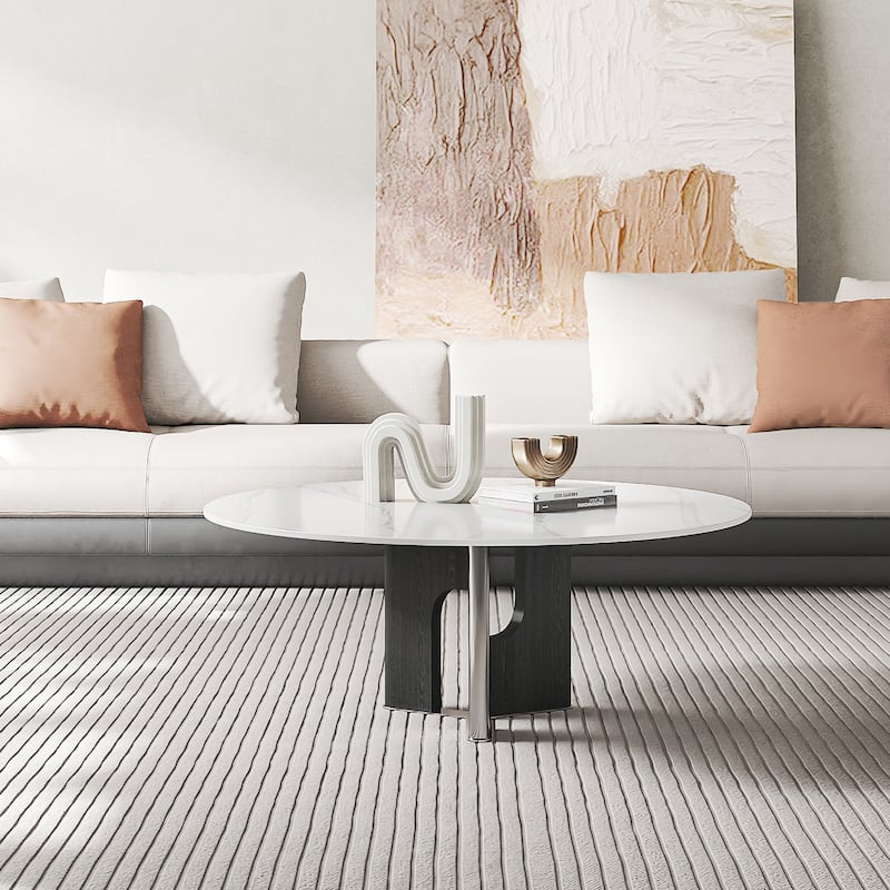 35.43” Modern Round Coffee Table, Glossy Sintered Stone Table top,Solid Wood Legs
