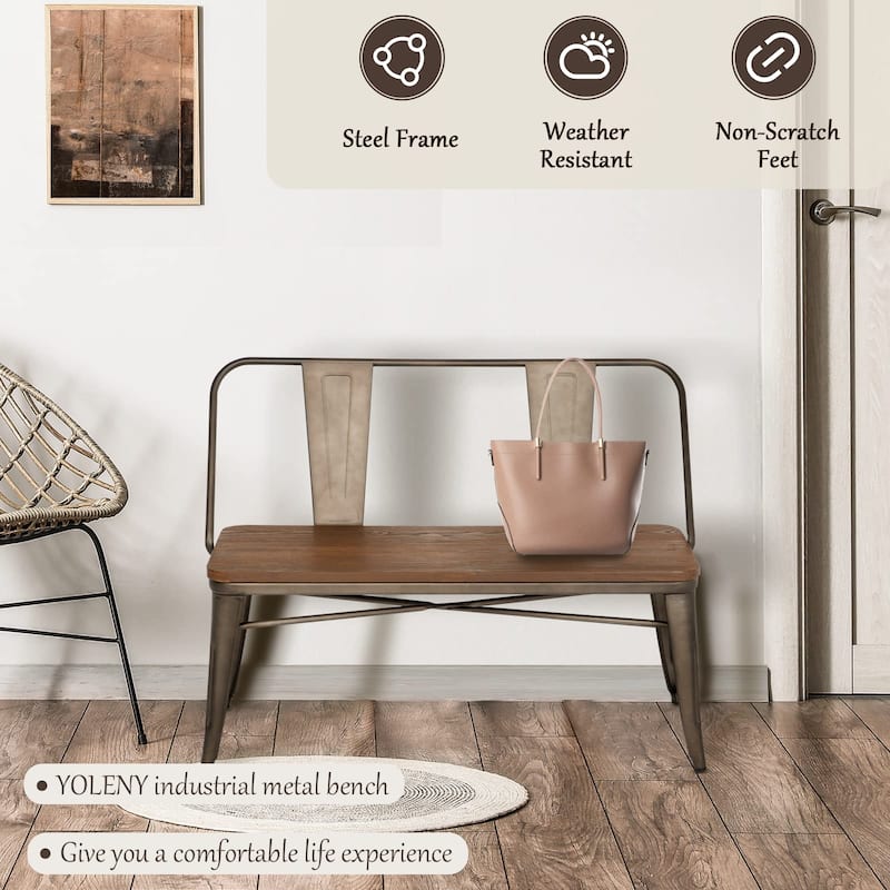 EROMMY 42in Metal Bench Industrial Mid-Century 3 Person Chair with Wood Seat, Dining Bench with Floor Protector - 42"