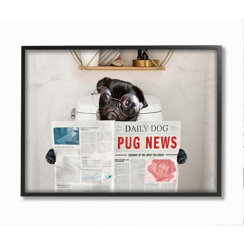 Stupell Bathroom Pug Daily Toilet Briefing Dog Humor Framed Wall Art - White