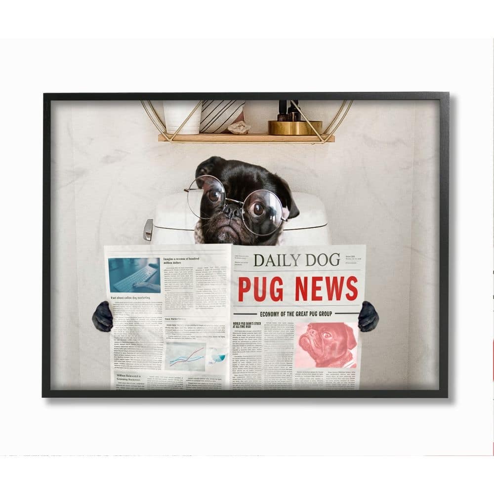 Stupell Bathroom Pug Daily Toilet Briefing Dog Humor Framed Wall Art - White