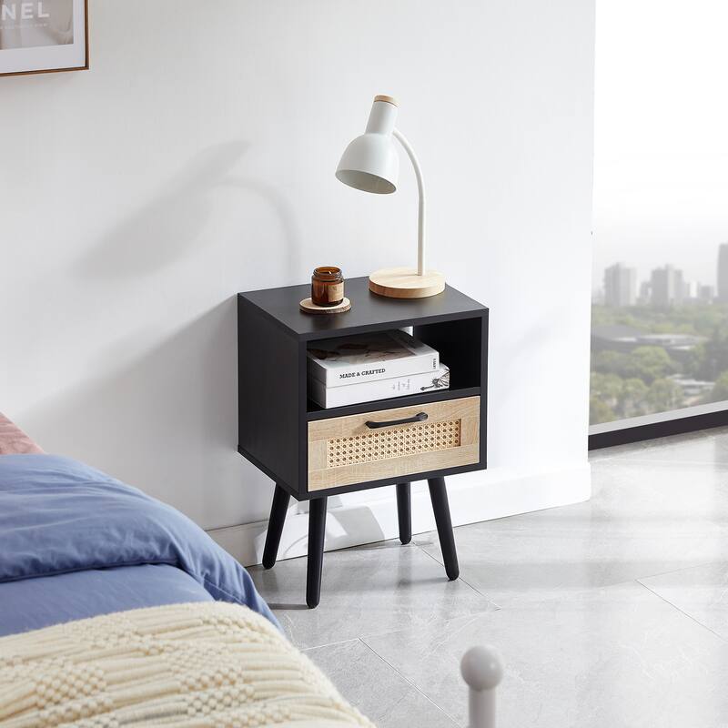 Modern Rattan End Table with Drawer and Solid Wood Legs