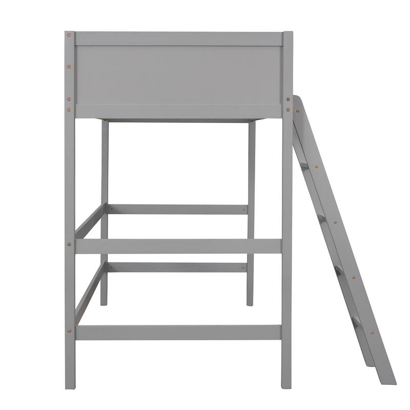 Gray Twin Metal Loft Bed with Built-in Desk and Storage Shelves