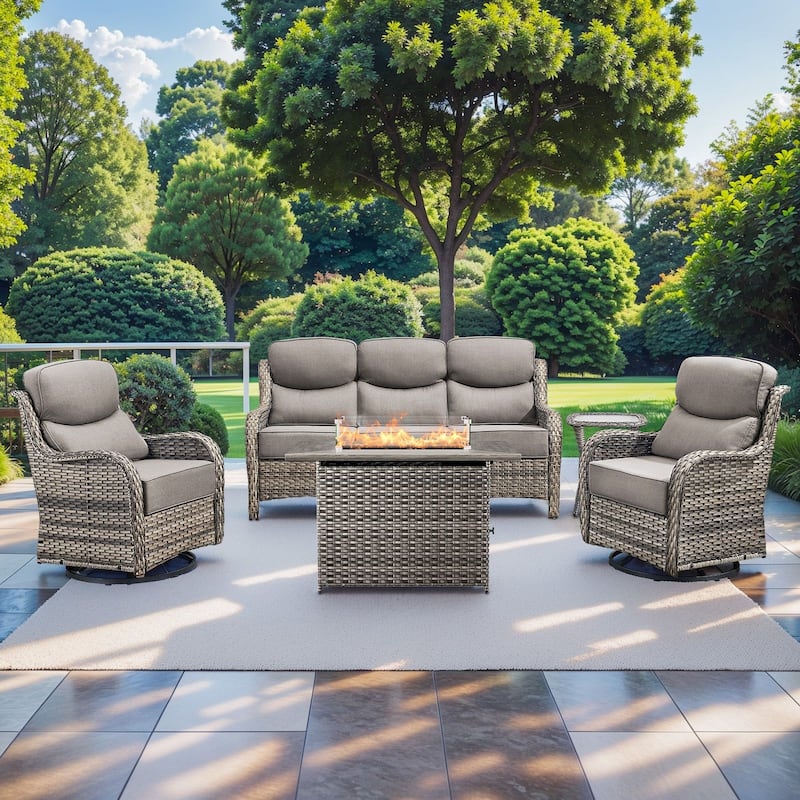 Pocassy 5PCS Outdoor 6Inch Sofa Swivel Chair Table w/ Fire Table - Gray cushion - Gray Wicker