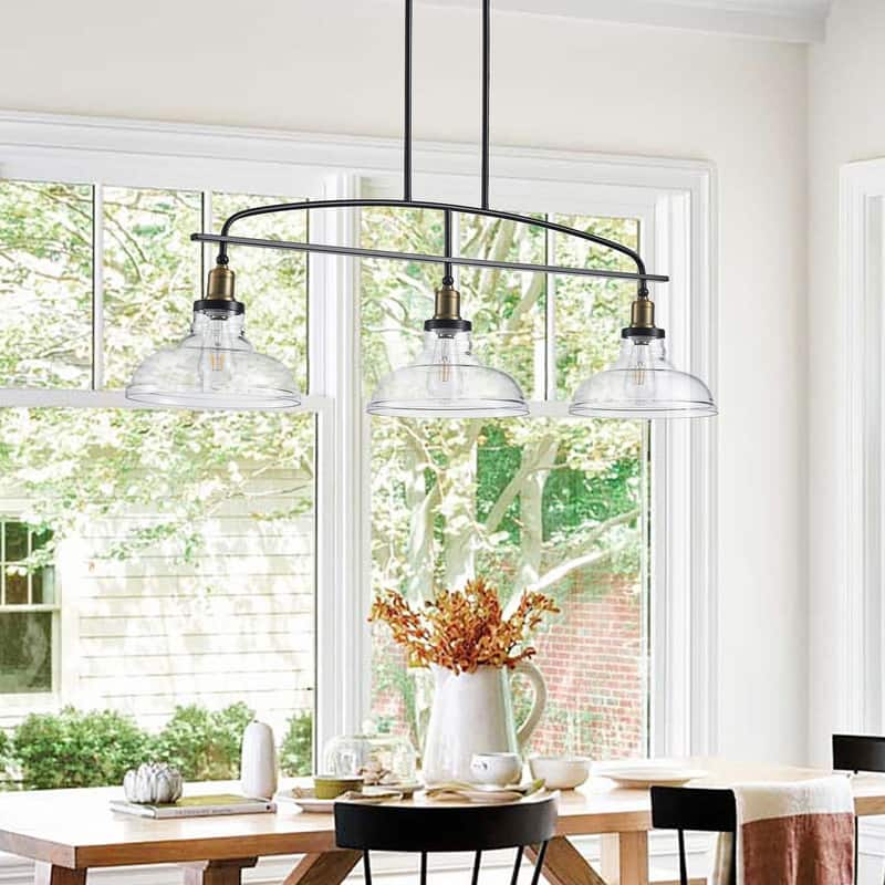 45" Industrial 3-Light Pendant‌ – Adjustable Black Metal Chandelier With Clear Glass Shades(Bulb Not Included) . - Black