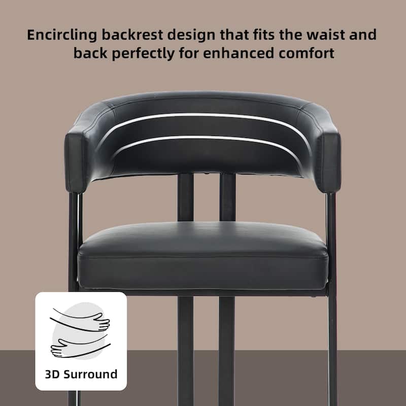 Modern Dining Chairs Set of 2, Faux Leather Upholstered Barrel Chairs with Integrated Curved Back And Armrests, Metal Frame