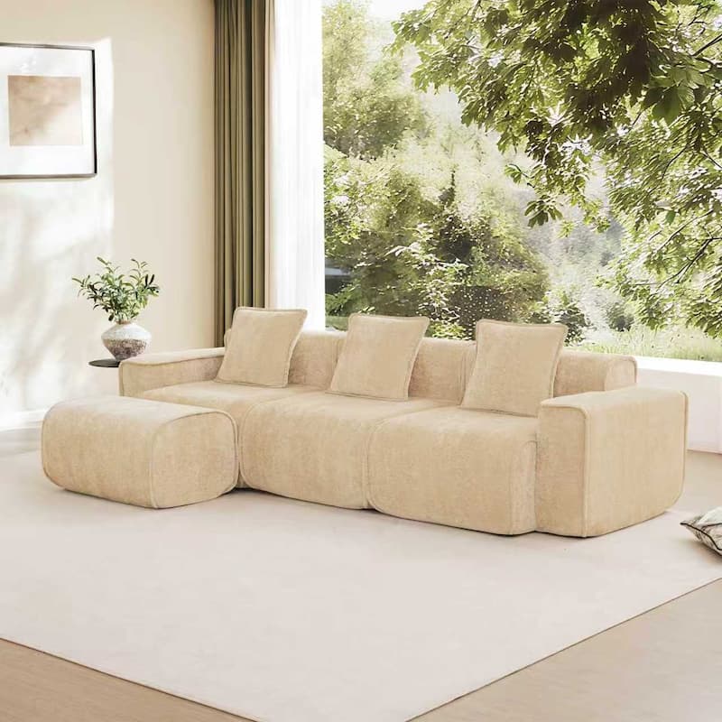GDFStudio - Streamlined Velvet 3-Seater 108.66" L-Shaped Modular Boneless Sofa with Ottoman