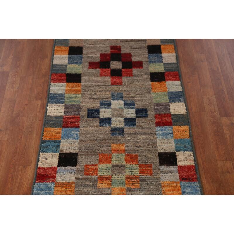Moroccan Oriental Runner Rug Handmade Checkered Wool Carpet - 3'1" x 9'10"