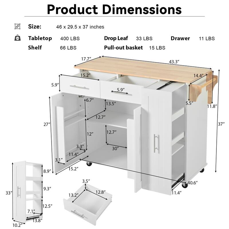 Kitchen Island Kitchen Storage Cart with Folding Board Storage Organizer Towel Rack Wheels 2 Drawers, for Kitchen, White