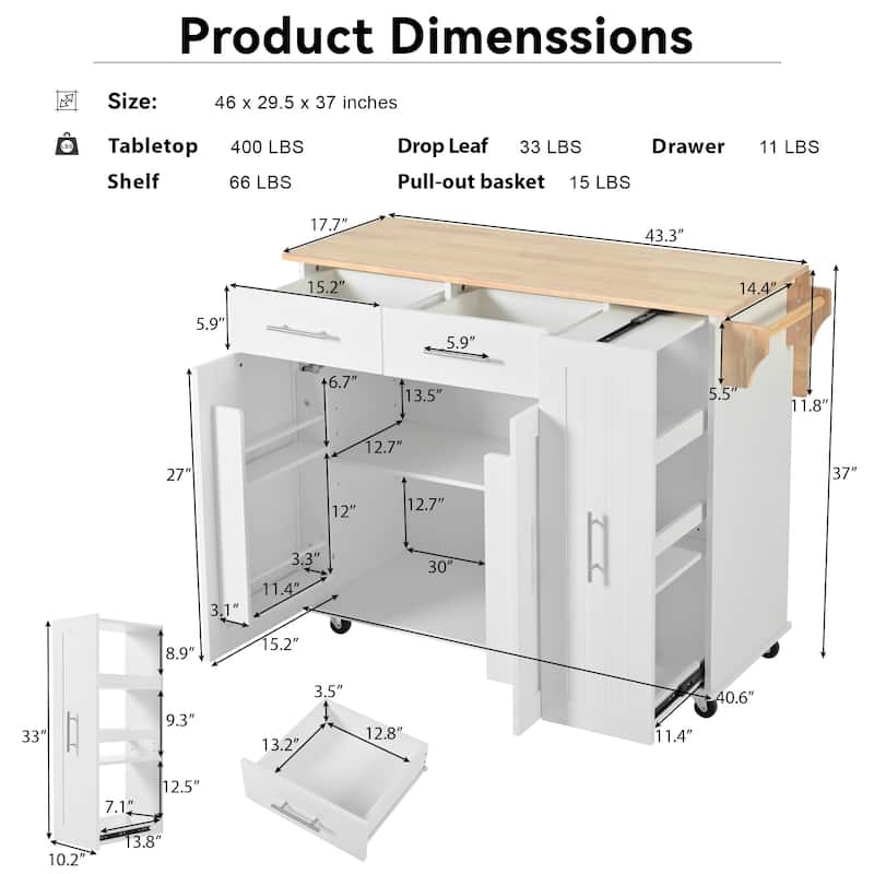 Roomfitters Kitchen Island with Drop Leaf, Kitchen Storage Cart with 3 Tier Pull Out Cabinet Organizer, Internal Storage Rack