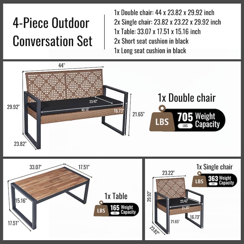 4-Piece Acacia Wood Patio Furniture Set,Black and Light Brown