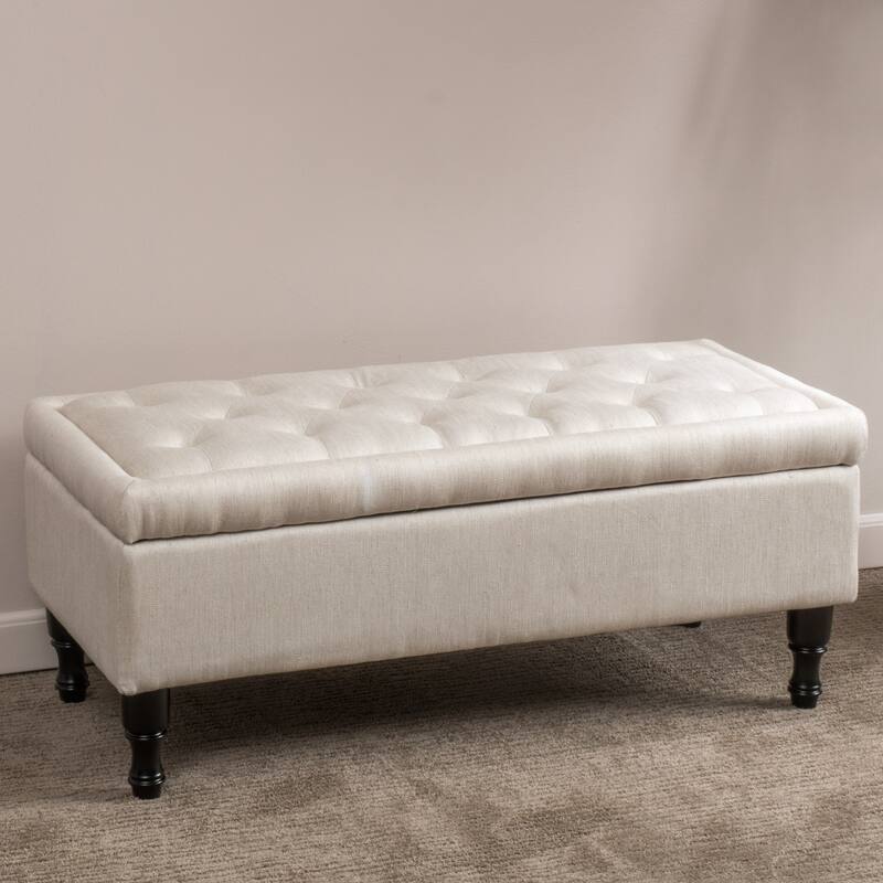 Roomfitters Upholstered Storage Bench with Hinged Lid and Turned Wood Legs, Accent Seating for Entryway or Bedroom - Beige