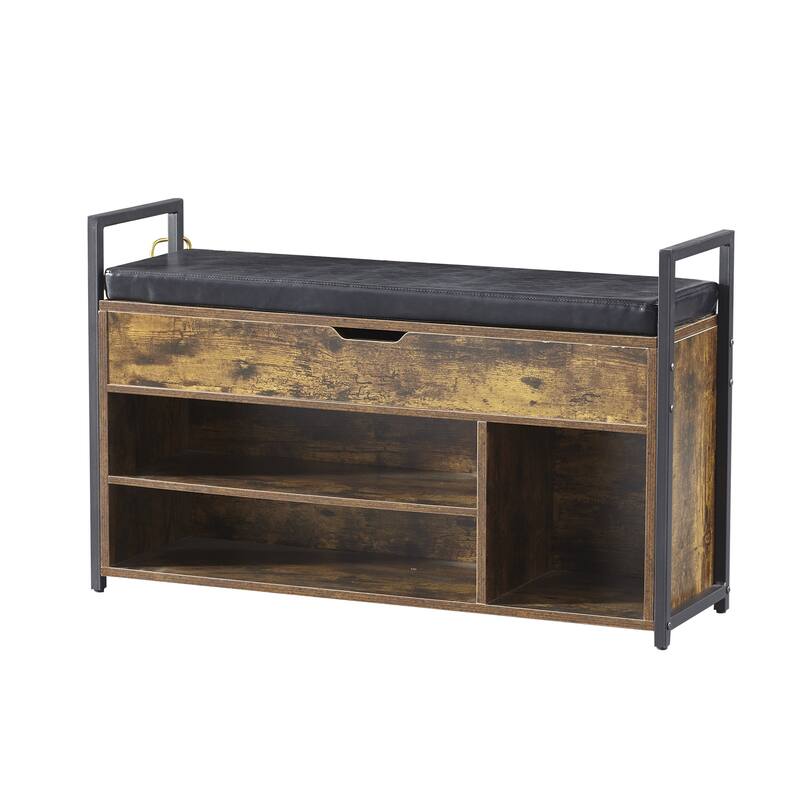 39" Wood Shoe Storage Bench with Cushion and Lift-Top Storage Box