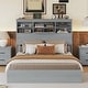 preview thumbnail 1 of 16, Queen Size Vintage Platform Bed,With Storage Headboard and Charging Station Light Gray - Queen