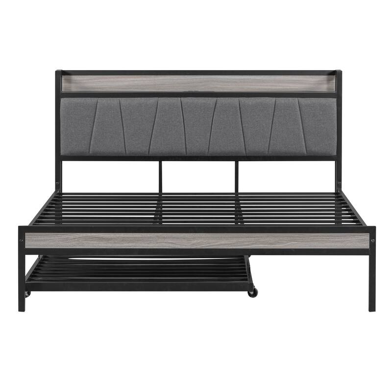 HomeRoots Black and Gray Metal And Upholstery Queen Bed Frame With Trundle