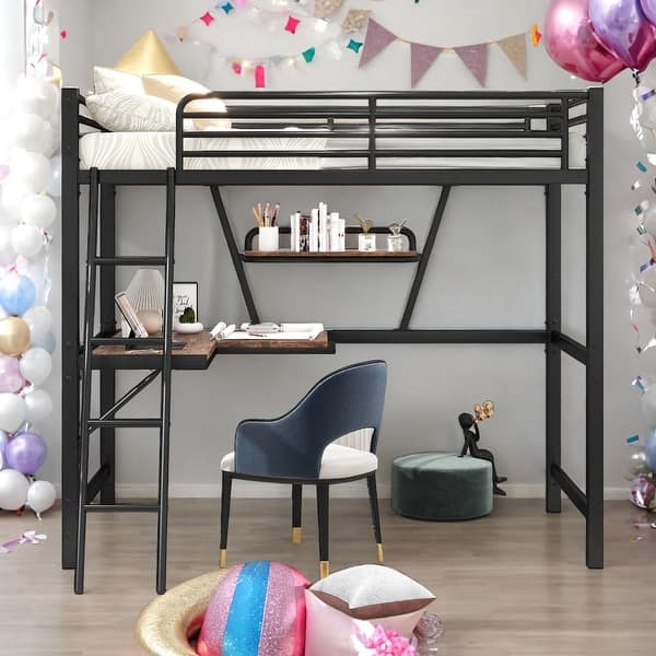 slide 2 of 18, Modern Twin Size Metal MDF Loft Bed With Built-in Desk And Shelf for Bedroom Black