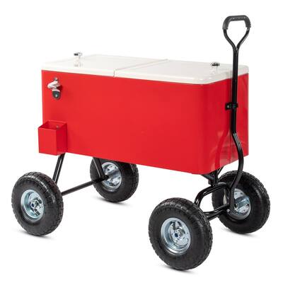 80QT Iron Spray Plastic Red Cooler Cart with Milky White Lid and Inflatable Wheels