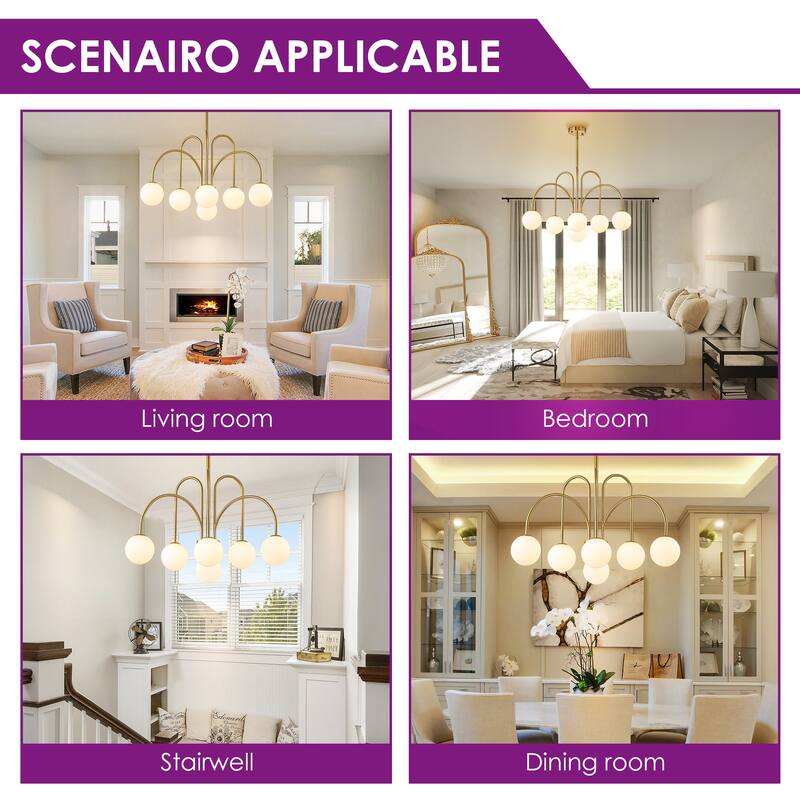 6-Light Modern Linear Sputnik Branch Frosted Glass Globe Chandelier for Dining Room