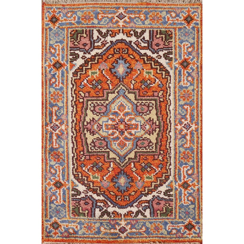 Geometric Orange Heriz Serapi Indian Rug Hand-Knotted Wool Carpet - 2'0"x 3'0"