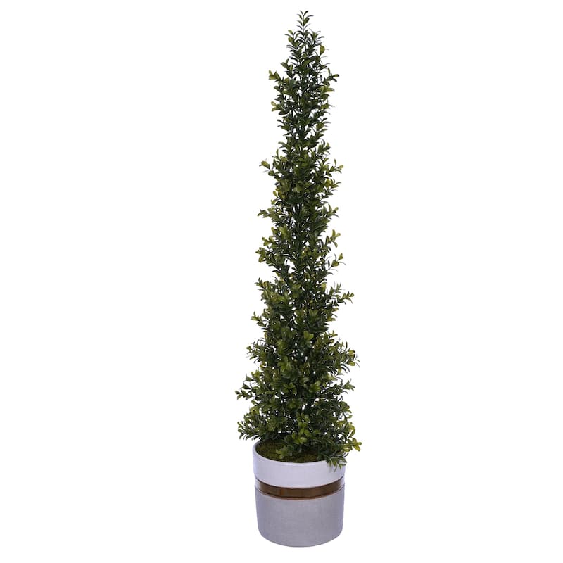 Faux 34-Inch Boxwood Pencil Topiary in Small White/ Bronze/ Grey Ceramic Vase - 34"