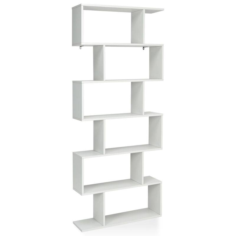 Gymax 6 Tier S-Shaped Bookshelf Storage Display Bookcase Decor Z-Shelf - 31.5'' x 9'' x 75'' - White