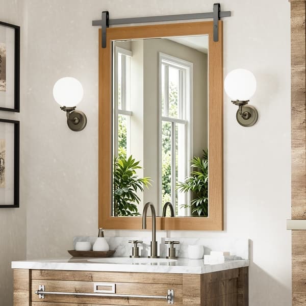 slide 2 of 10, Farmhouse Barn Door Bathroom Vanity Wall Mirror with Solid Wood Frame 24W * 36H Inches - Warm Brown